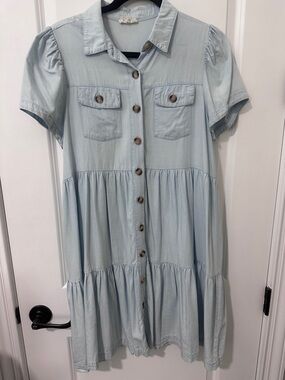 Light Blue Button-Front Women’s Tiered Shirt Dress